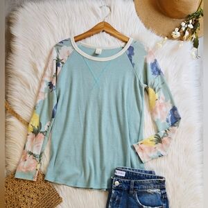 7th Ray Floral Raglan Sleeve Mint Top